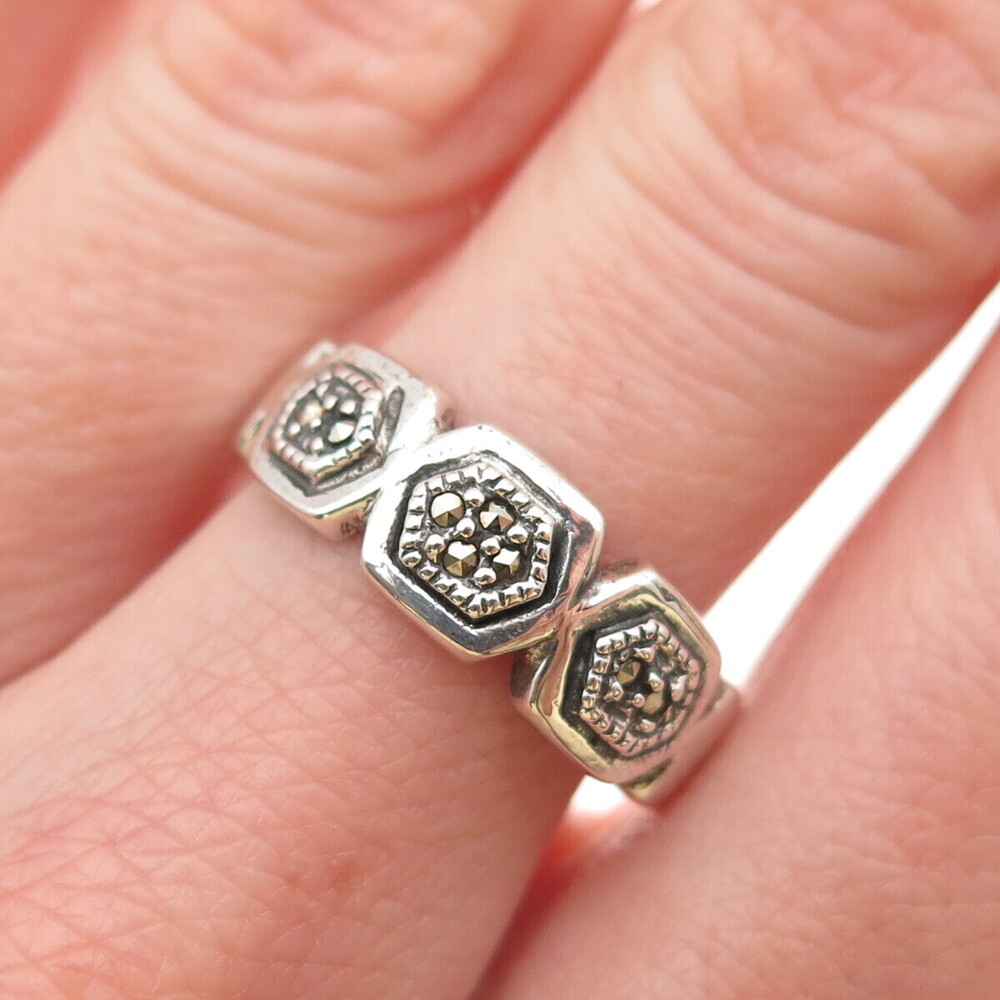 925 Sterling Silver Vintage Real Marcasite Oxidized Ring Size 8